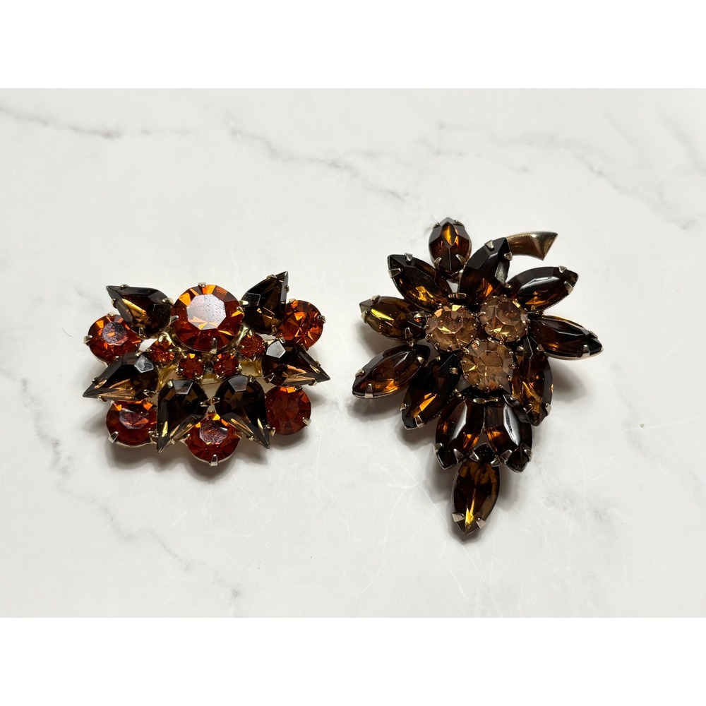 Vintage Amber Smoky Topaz Glass Rhinestone Brooch Pin Set Gold Tone Mid Century